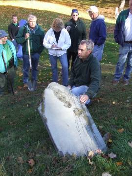 Jonathan Appel, gravestone conservator, trains volunteers at Old Hill Burying Ground
