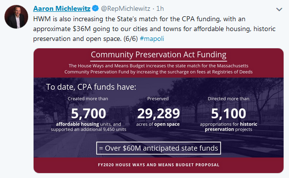 House Ways &amp; Means Chair Michlewitz Announces CPA Funding Increase in House Budget
