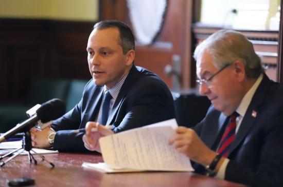 Aaron Michlewitz, left, Chair of the Committee on House Ways and Means,  and Speaker Robert DeLeo answer questions on the FY20 state budget